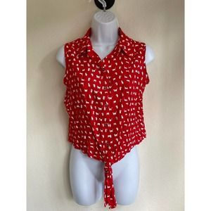 Red Keyhole Sleeveless Tie Top White Cats Blouse Shirt Brazil Small